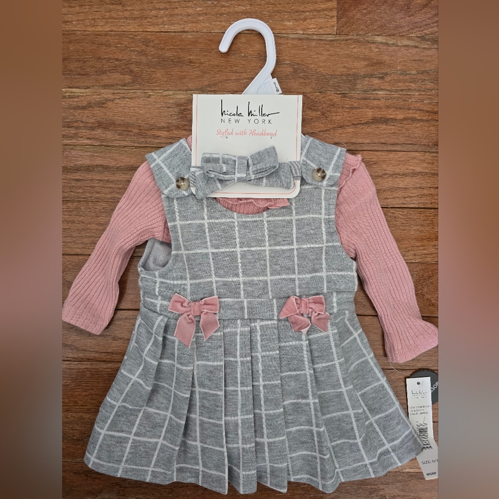 Nicole Miller Pink and Gray Plaid Baby Dress Set